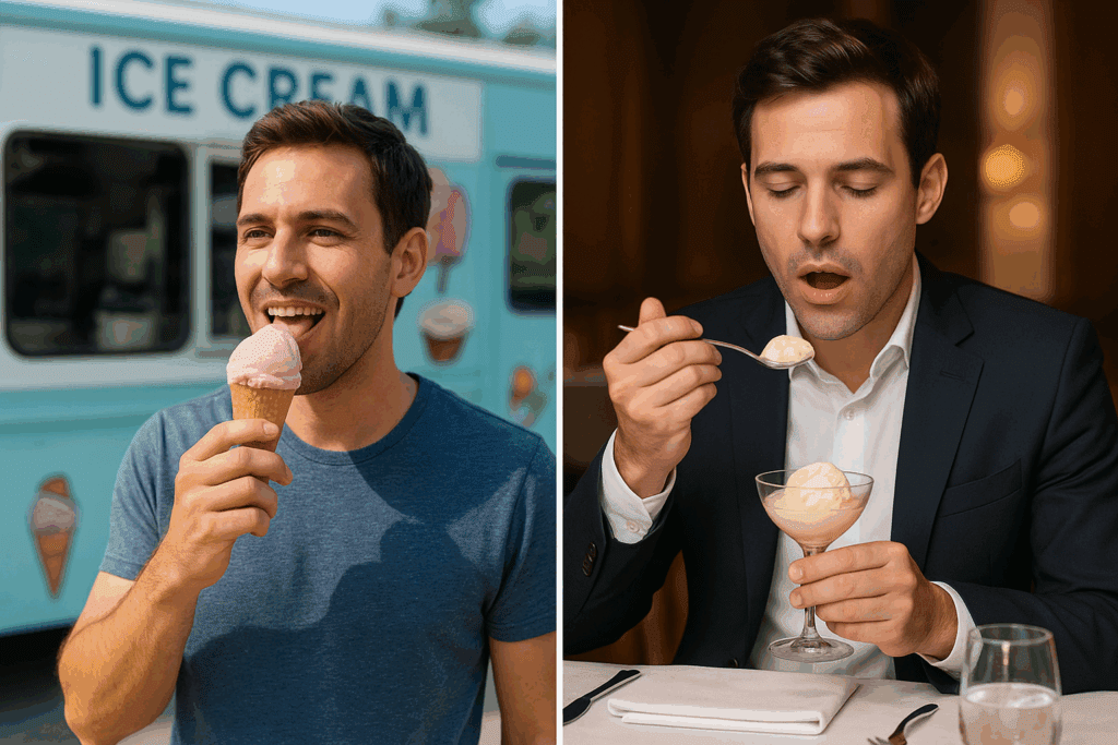 Comparison picture where on one hand, a person is eating ice cream from a truck, and on the other, from a Fine dine restaurant.