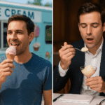 91aa6ac6-e73d-4ebe-9215-5774a4b9b49e Comparison picture where on one hand, a person is eating ice cream from a truck, and on the other, from a Fine dine restaurant.