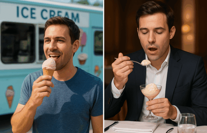 91aa6ac6-e73d-4ebe-9215-5774a4b9b49e Comparison picture where on one hand, a person is eating ice cream from a truck, and on the other, from a Fine dine restaurant.