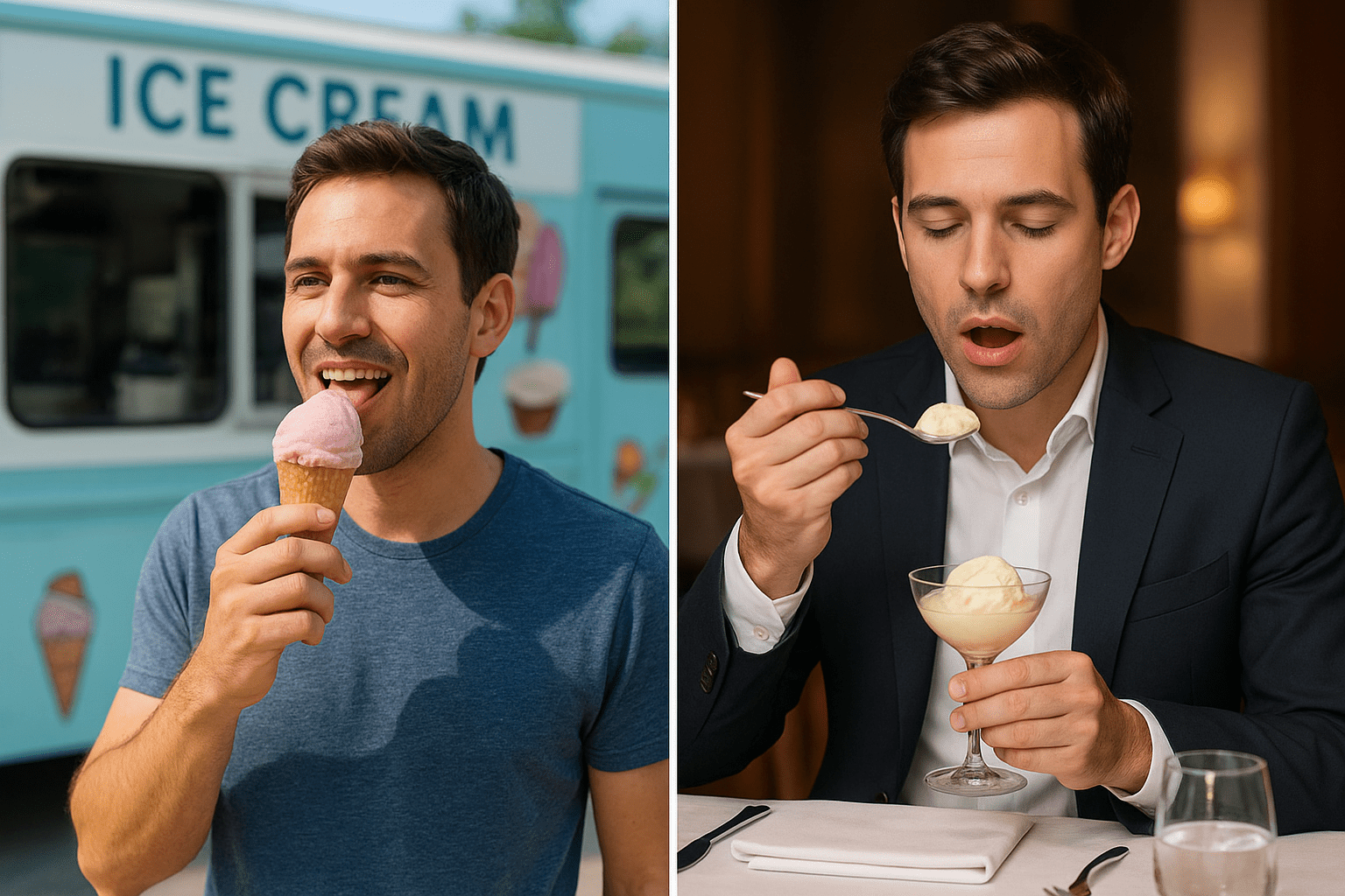 Comparison picture where on one hand, a person is eating ice cream from a truck, and on the other, from a Fine dine restaurant.