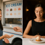 ojassv hatha yoga whitby Comparison picture where on one hand, a lady is eating ice cream from a truck, and on the other, from a Fine dine restaurant.