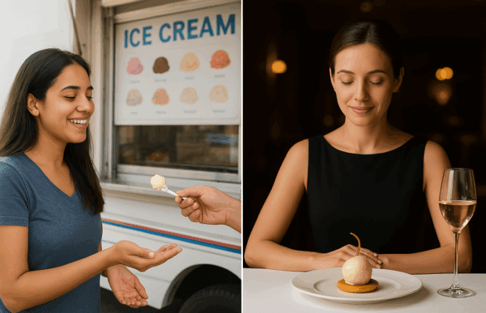 Comparison picture where on one hand, a lady is eating ice cream from a truck, and on the other, from a Fine dine restaurant.
