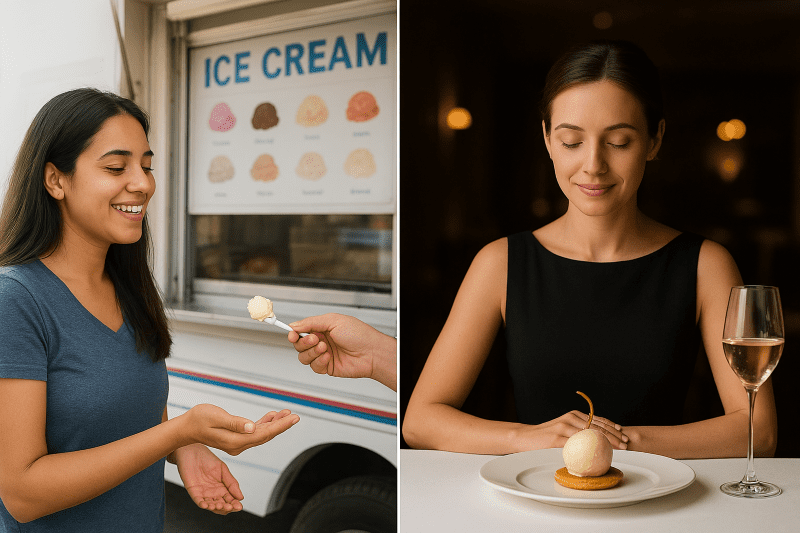 Comparison picture where on one hand, a lady is eating ice cream from a truck, and on the other, from a Fine dine restaurant.